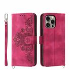 For iPhone 16 Pro Max Skin-feel Flowers Embossed Wallet Leather Phone Case(Wine Red) - 1