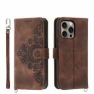 For iPhone 16 Pro Max Skin-feel Flowers Embossed Wallet Leather Phone Case(Brown) - 1