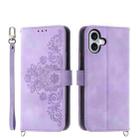 For iPhone 16 Plus Skin-feel Flowers Embossed Wallet Leather Phone Case(Purple) - 1