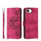 For iPhone SE 2024 Skin-feel Flowers Embossed Wallet Leather Phone Case(Wine Red) - 1