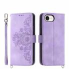 For iPhone SE 2024 Skin-feel Flowers Embossed Wallet Leather Phone Case(Purple) - 1