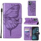 For Motorola Moto G14 Embossed Butterfly Leather Phone Case(Purple) - 1