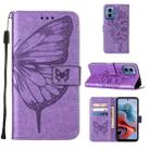 For Motorola Moto G34 Embossed Butterfly Leather Phone Case(Purple) - 1