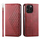 For iPhone 15 Pro Max Cubic Grid Calf Texture Magnetic Leather Phone Case(Red) - 1