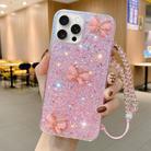 For iPhone 15 Pro Max Starry Sequin Jade Butterfly Epoxy TPU Phone Case with Strap(Pink) - 1