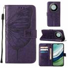 For Huawei Mate 60 Pro Embossed Butterfly Leather Phone Case(Dark Purple) - 1