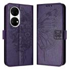 For Huawei P50 Pro Embossed Butterfly Leather Phone Case(Dark Purple) - 1