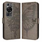 For Huawei P60 / P60 Pro Embossed Butterfly Leather Phone Case(Grey) - 1