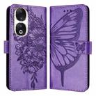 For Honor 90 Embossed Butterfly Leather Phone Case(Purple) - 1