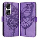 For Honor 90 Pro Embossed Butterfly Leather Phone Case(Purple) - 1