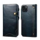 For iPhone 15 Plus Denior Oil Wax Cowhide Magnetic Button Genuine Leather Case(Dark Blue) - 1