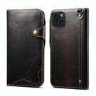 For iPhone 15 Denior Oil Wax Cowhide Magnetic Button Genuine Leather Case(Black) - 1