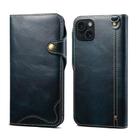 For iPhone 15 Denior Oil Wax Cowhide Magnetic Button Genuine Leather Case(Dark Blue) - 1