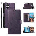 For iPhone 16 Plus PU Genuine Leather Texture Embossed Line Phone Case(Purple) - 1