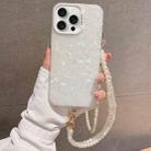 For iPhone 15 Pro Max Shell Texture Crossbody Pearl Chain TPU Hybrid Acrylic Phone Case(White) - 1