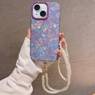 For iPhone 15 Plus Shell Texture Crossbody Pearl Chain TPU Hybrid Acrylic Phone Case(Purple) - 1