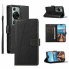 For Huawei P60 PU Genuine Leather Texture Embossed Line Phone Case(Black) - 1