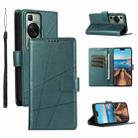 For Huawei P60 PU Genuine Leather Texture Embossed Line Phone Case(Green) - 1