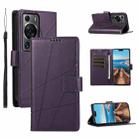 For Huawei P60 Pro PU Genuine Leather Texture Embossed Line Phone Case(Purple) - 1