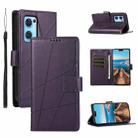 For OPPO Reno7 5G PU Genuine Leather Texture Embossed Line Phone Case(Purple) - 1