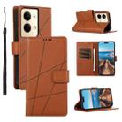 For OPPO Reno9 PU Genuine Leather Texture Embossed Line Phone Case(Brown) - 1