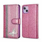 For iPhone 15 Plus Glitter Powder Butterfly Leather Phone Case(Rose Red) - 1