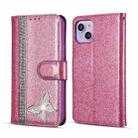 For iPhone 15 Glitter Powder Butterfly Leather Phone Case(Rose Red) - 1