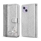 For iPhone 15 Glitter Powder Butterfly Leather Phone Case(Silver) - 1