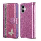 For iPhone 16 Plus Glitter Powder Butterfly Leather Phone Case(Rose Red) - 1