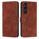 For Sony Xperia 1 V 2023 Skin Feel Heart Embossed Leather Phone Case with Long Lanyard(Brown) - 1