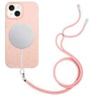 For iPhone 15 Wheat MagSafe Magnetic Straw Material + TPU Phone Case with Lanyard(Pink) - 1