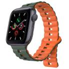 For Apple Watch Series 5 44mm Reverse Buckle Two Color Magnetic Silicone Watch Band(Olive Green+Orange) - 1