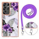 For Samsung Galaxy S25 Ultra 5G Electroplating Pattern IMD TPU Shockproof Case with Neck Lanyard(Purple Flower) - 3