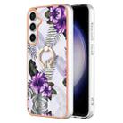 For Samsung Galaxy S24 FE 5G Electroplating Pattern IMD TPU Shockproof Case with Rhinestone Ring Holder(Purple Flower) - 1