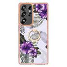For Samsung Galaxy S25 Ultra 5G Electroplating Pattern IMD TPU Shockproof Case with Rhinestone Ring Holder(Purple Flower) - 2
