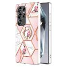 For Samsung Galaxy S25 Ultra 5G Electroplating Splicing Marble Flower Pattern TPU Shockproof Case with Rhinestone Ring Holder(Pink Flower) - 1