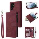 For Samsung Galaxy S22 Ultra 5G Multifunctional Frosted Zipper Wallet Leather Phone Case(Wine Red) - 1