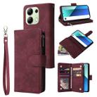 For Xiaomi Redmi Note 13 4G Multifunctional Frosted Zipper Wallet Leather Phone Case(Wine Red) - 1