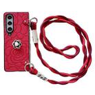 For Samsung Galaxy Z Fold4 5G Impression Camellia Pattern Protective Phone Case with Long Lanyard(Red) - 1