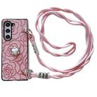 For Samsung Galaxy Z Fold5 5G Impression Camellia Pattern Protective Phone Case with Long Lanyard(Pink) - 1