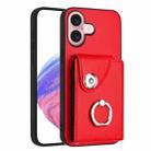 For iPhone 16 Organ Card Bag Ring Holder Phone Case(Red) - 1