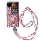 For OPPO Find N3 Flip Impression Camellia Pattern Protective Phone Case with Diamond Ring Long Lanyard(Pink) - 1