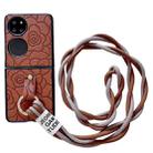 For Huawei P50 Pocket Impression Camellia Pattern Protective Phone Case with Diamond Ring Long Lanyard(Brown) - 1