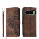 For Google Pixel 9 Skin-feel Flowers Embossed Wallet Leather Phone Case(Brown) - 1