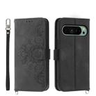 For Google Pixel 9 Skin-feel Flowers Embossed Wallet Leather Phone Case(Black) - 1