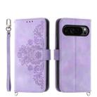 For Google Pixel 9 Pro Skin-feel Flowers Embossed Wallet Leather Phone Case(Purple) - 1