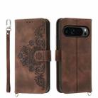 For Google Pixel 9 Pro Skin-feel Flowers Embossed Wallet Leather Phone Case(Brown) - 1