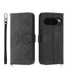 For Google Pixel 9 Pro Skin-feel Flowers Embossed Wallet Leather Phone Case(Black) - 1