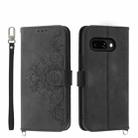 For Google Pixel 9a Skin-feel Flowers Embossed Wallet Leather Phone Case(Black) - 1