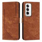 For OPPO Reno12 5G Global Skin Feel Stripe Pattern Leather Phone Case with Long Lanyard(Brown) - 1